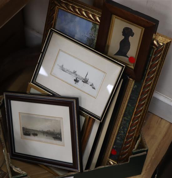A collection of eight maritime watercolours, engravings and an oil